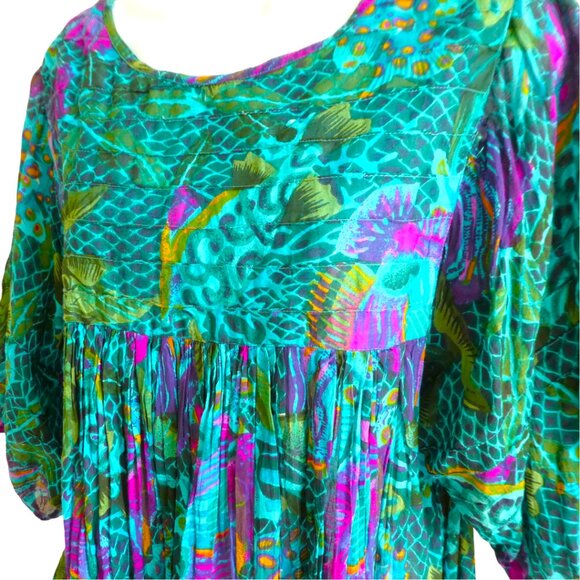 Vintage 90s Cotton Gauze Floral Babydoll Dress Maxi Flowy Boho Half Sleeve KVM L - Picture 3 of 8